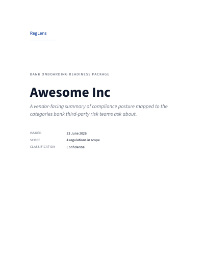 Cover page of the RegLens sample readiness package for Awesome Inc — Canadian federally-regulated financial institution
