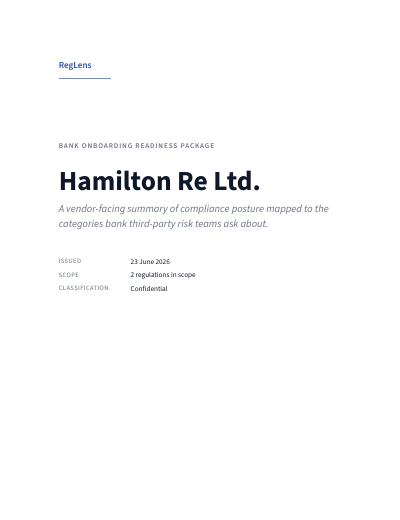Cover page of the RegLens sample readiness package for Hamilton Re Ltd. — Bermuda captive insurer