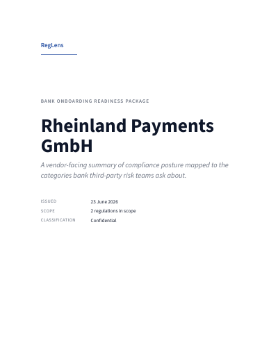 Cover page of the RegLens sample readiness package for Rheinland Payments GmbH — EU payment institution